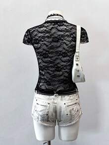 EgrlEra Women's Sexy Sheer Cropped White Top - Black - View 2