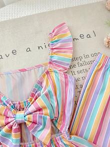 LMoss Kids Flutter Sleeve Tank Top Set, Suitable For Toddlers In Spring, Summer And Autumn, With Large Bow Design On The Back Of The Top Colorful Stripe - Multicolor - View 7