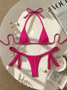 Swim SXY Setelan Baju Renang Dua Potong Wanita Musim Panas Model Halter Tie Seksi untuk Pantai dengan Bawahan Segitiga - Red Violet - View 1