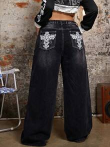 SHEIN EZwear 大尺碼女款寬鬆寬腿休閒牛仔褲，附口袋 - 黑色 - 查看 3