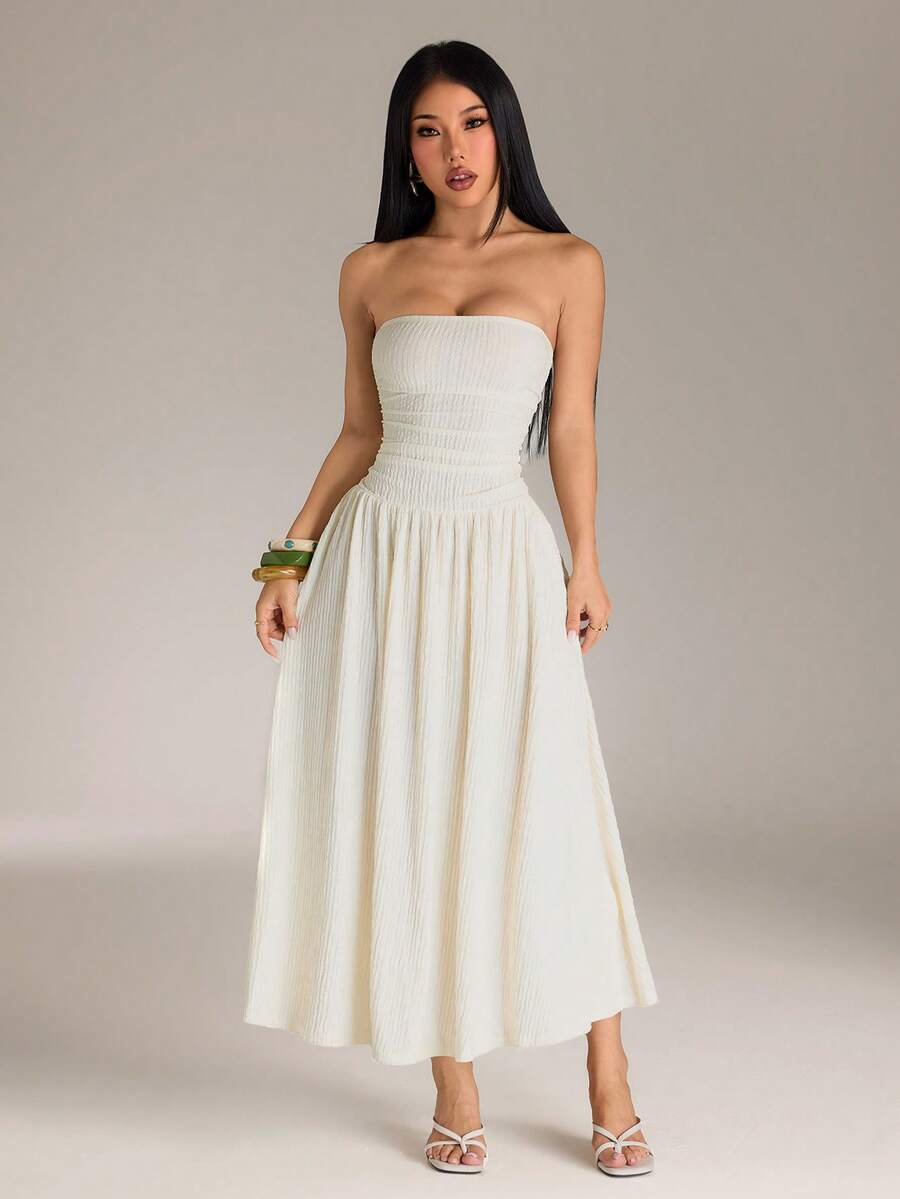 SHEIN PETITE Women's Summer New Cream White Knitted Texture Dress,Summer Dresses For Women,Petite Women Vacation Elegant Sexy - Apricot - View 1