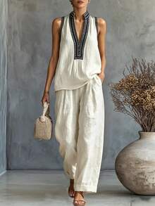 SHEIN Holidaya Women's Sleeveless Minimalist Boho Neckline Pattern Decor Two Pieces Set, Casual Outfit, Vacation, Holiday, Summer Wear, Cream White Top, Pants - Apricot - View 6