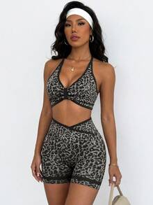 Slayform Leopard Print Backless Halter Top And Shorts Sports Set - Black - View 1