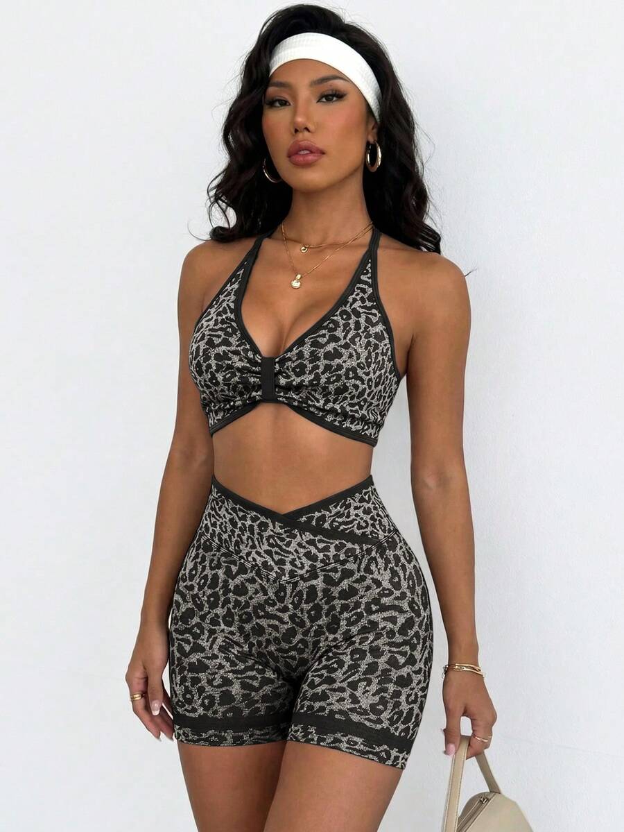 Slayform Leopard Print Backless Halter Top And Shorts Sports Set - Black - View 1