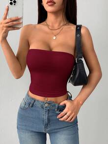 SHEIN PETITE 女款緊身休閒抹胸上衣，適合運動（含胸墊） - 酒紅色 - 查看 4