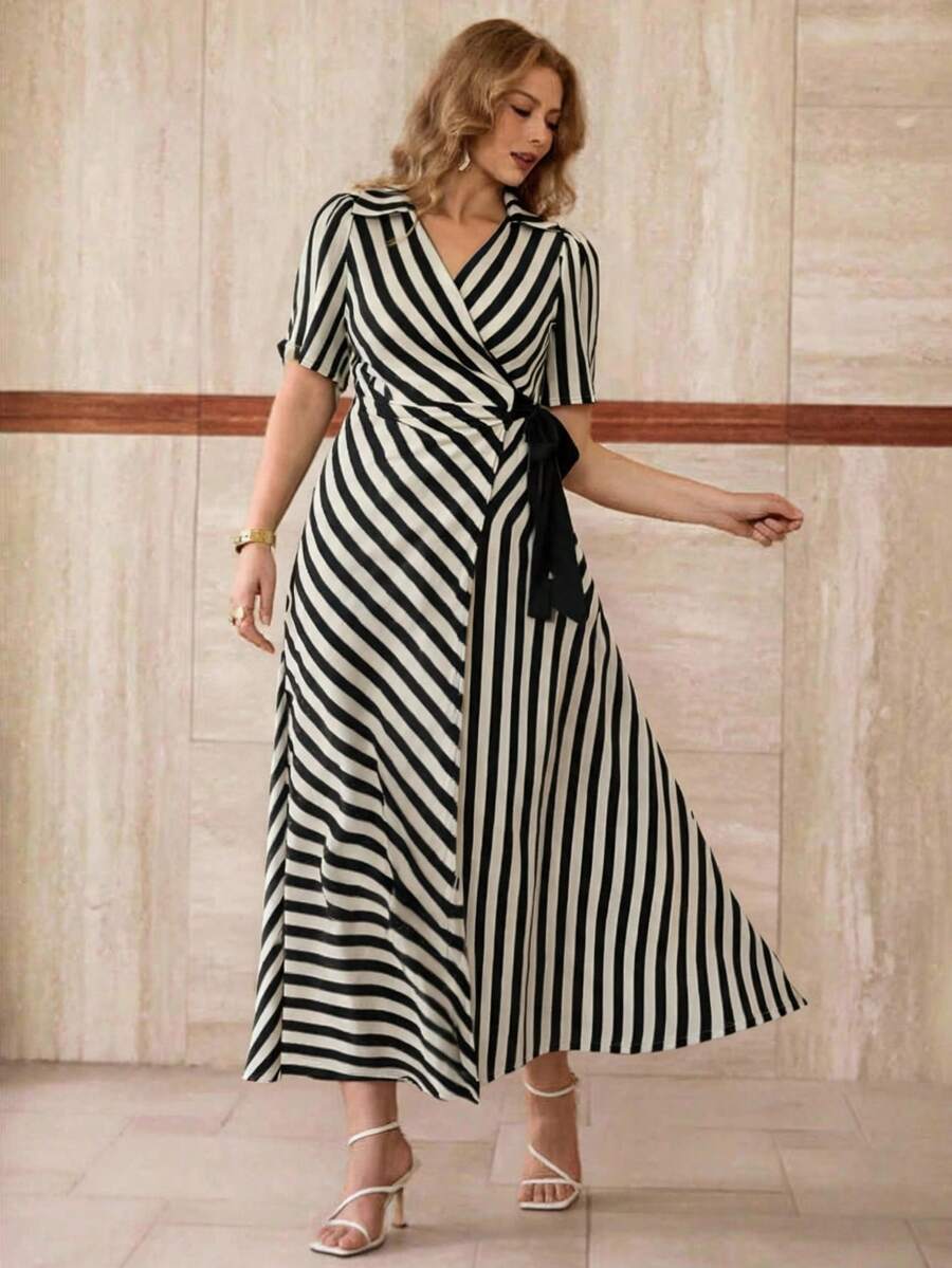 Roveilla Plus Size Women Striped Wrap Long Spring/Summer Short Sleeve Dress - Black and White - View 1