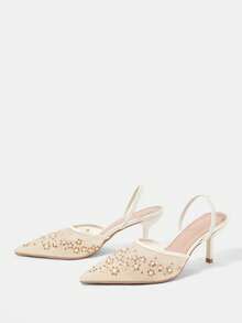 CUCCOO HITCHD Rice Apricot Mesh Embroidered Rhinestone Pointed Back Empty Elastic Thin Back Strap Breathable Bridal Wedding Shoes, Wedding Banquet Dating Fairy - Beige - View 9