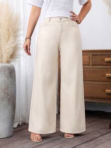 EMERY ROSE Plus Size Women's Loose Casual Denim Wide Leg Pants With Pockets - Beige - View 6