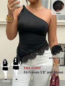 SHEIN Tall CURVE 大码女式夏季撞色蕾丝不对称下摆修身露肩上衣 - 黑色 - 查看 3