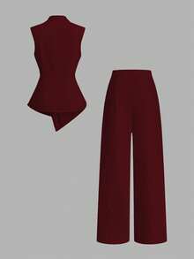 Franclia Women's Elegant 2026 Spring/Summer Asymmetric Sleeveless Ruched Metal Button Long Pants 2 Pieces Set - Burgundy - View 2