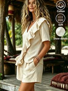 Zayélia Ensemble chemise à manches courtes à volants et short de couleur unie avec patchwork pour femmes d'âge moyen et âgées - Nude - Voir 6
