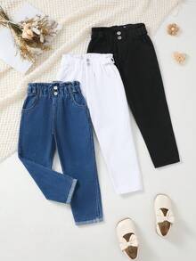 SHEIN Conjunto de 3 piezas de pantalones casuales de pierna recta de mezclilla lavada tejida multicolor azul & negro estilo preppy lindo y casual para niñas - Multicolor - Ver 1
