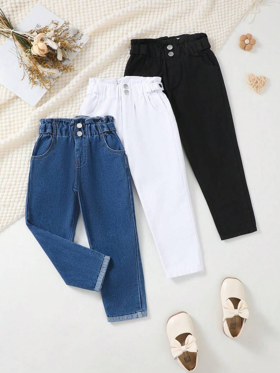 SHEIN Conjunto de 3 piezas de pantalones casuales de pierna recta de mezclilla lavada tejida multicolor azul & negro estilo preppy lindo y casual para niñas - Multicolor - Ver 1