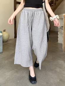 DAZY Solid Color Loose Cropped Pants Elastic Waist Casual Vacation Summer Women's Sweatpants School - Grey - View 1