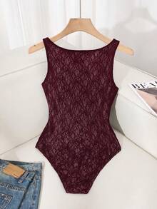 SHEIN Raffinéa Women's Elegant Date/Vacation Lace Bodysuit, Summer - Red - View 2