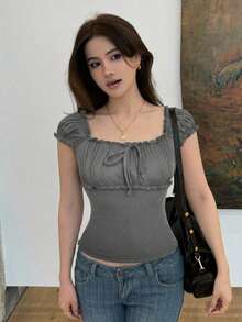 DAZY 女款純色修身泡泡袖短袖襯衫 粉色 春夏款 - 灰色 - 查看 5