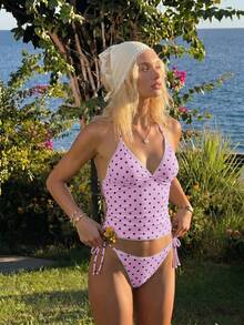 Swim Mod Vacation Beach Polka Dot Print Tankini Set - Pink - View 8