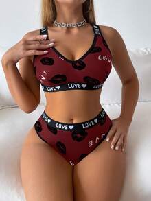 SHEIN 女款字母與唇印內衣與三角內褲休閒日常內衣套裝 - 紅色 - 查看 5