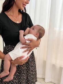 SHEIN 孕婦花卉印花和拼布哺乳裙 - 黑色 - 查看 3