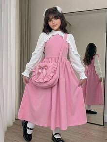 Tween女孩休閒學院風日常百搭舒適拼接撞色領口洋裝返校穿搭 - 粉色 - 查看 2