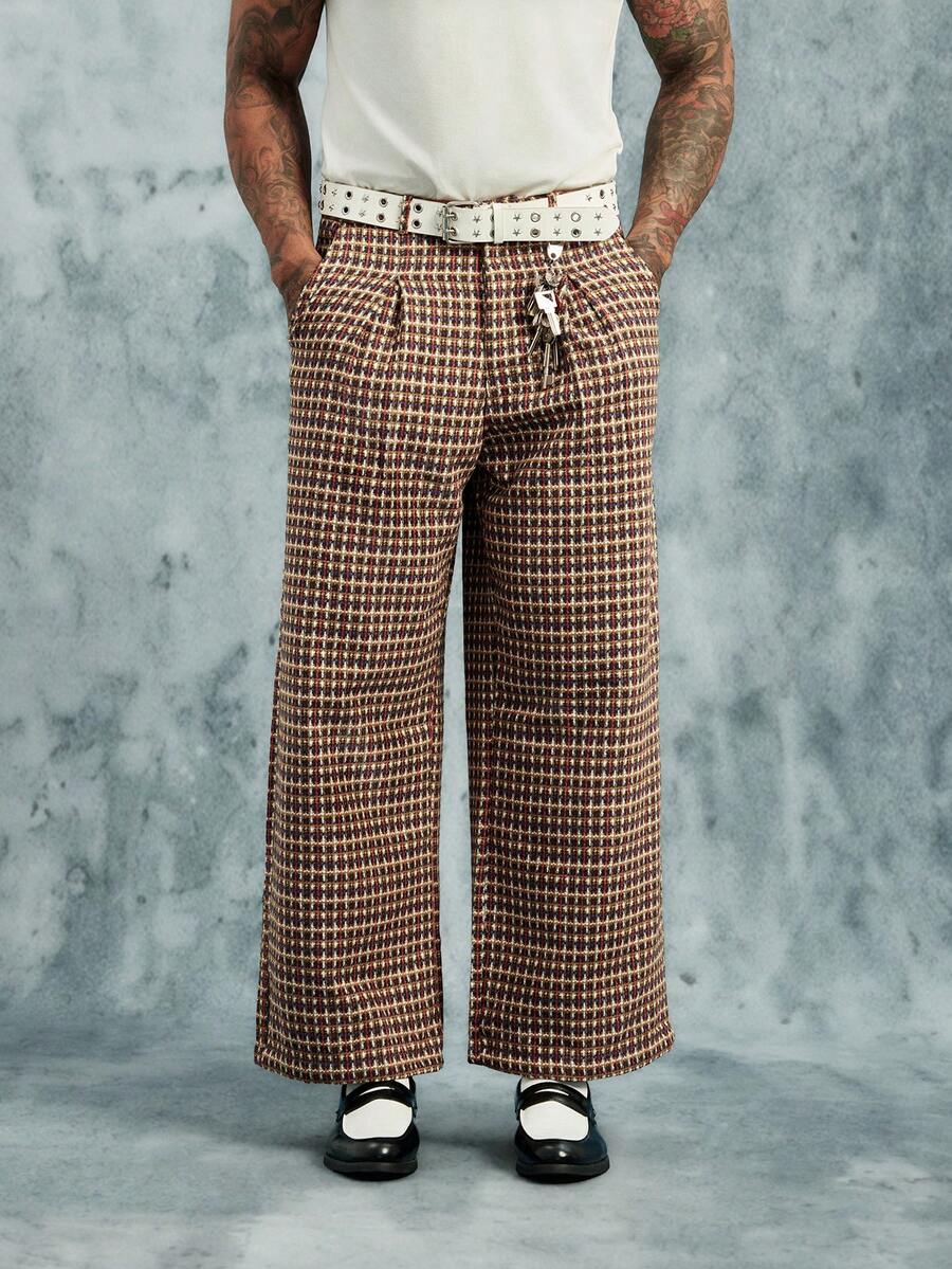 INCRYTM PAVTROS Men's Casual Fashionable Versatile Straight Leg Wide Leg Pants Plaid Pants Men's Wide Leg Pants Baggy Men Baggy Wide Pants Wide Leg - Multicolor - View 1