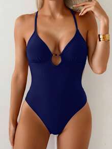 Swim Basics 女款性感串珠連身泳衣 - 藏蓝色 - 查看 4