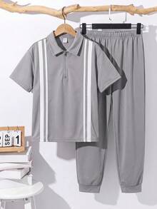 SHEIN 2件組兒童青少年男孩休閒寬鬆舒適百搭 Polo 領短袖 T 恤與長褲套裝，適合運動、學校、春/夏季、返校季 - 灰色 - 查看 4