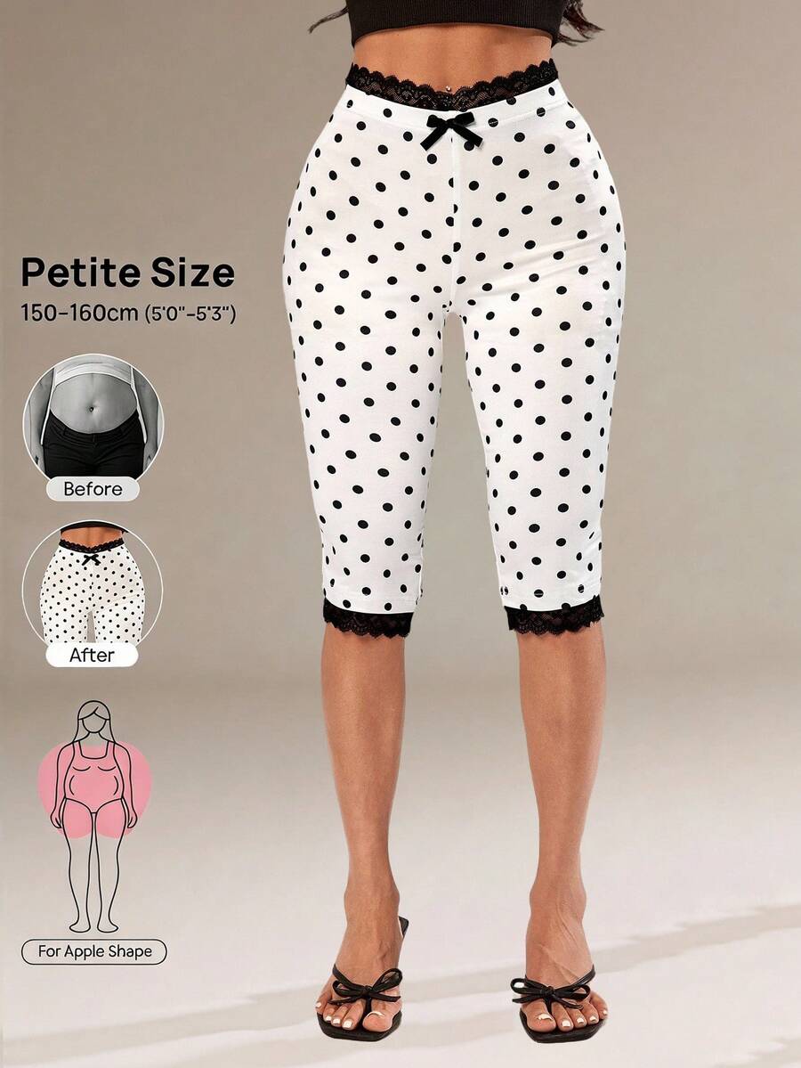 SHEIN PETITE 女款蕾絲飾邊蝴蝶結波點印花七分內搭褲
