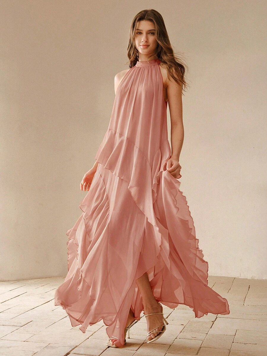 MOTF PREMIUM SUMMER FLOWY HEAVY EMBELLISHED FASHION BEACH VACATION HALTER NECK DRESS, LUXURY GODDESS STYLE - Pink - View 1