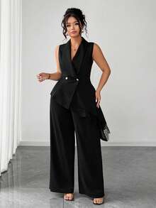 Elenzga Women's Plus Size Solid Color V-Neck Asymmetrical Hem Top And Pants Fashion Minimalist 2-Piece Set - Black - View 3