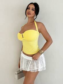Sirith Bestselling Sleeveless Fitted Crop Top, Elegant Tropical Solid Color Blouse For Women Holiday Beach Vacation Yellow Summer - Yellow - View 4