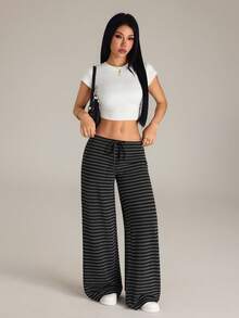 SHEIN PETITE 女款秋冬新款超低腰黑色條紋長褲，適合嬌小女性 - 黑色 - 查看 5