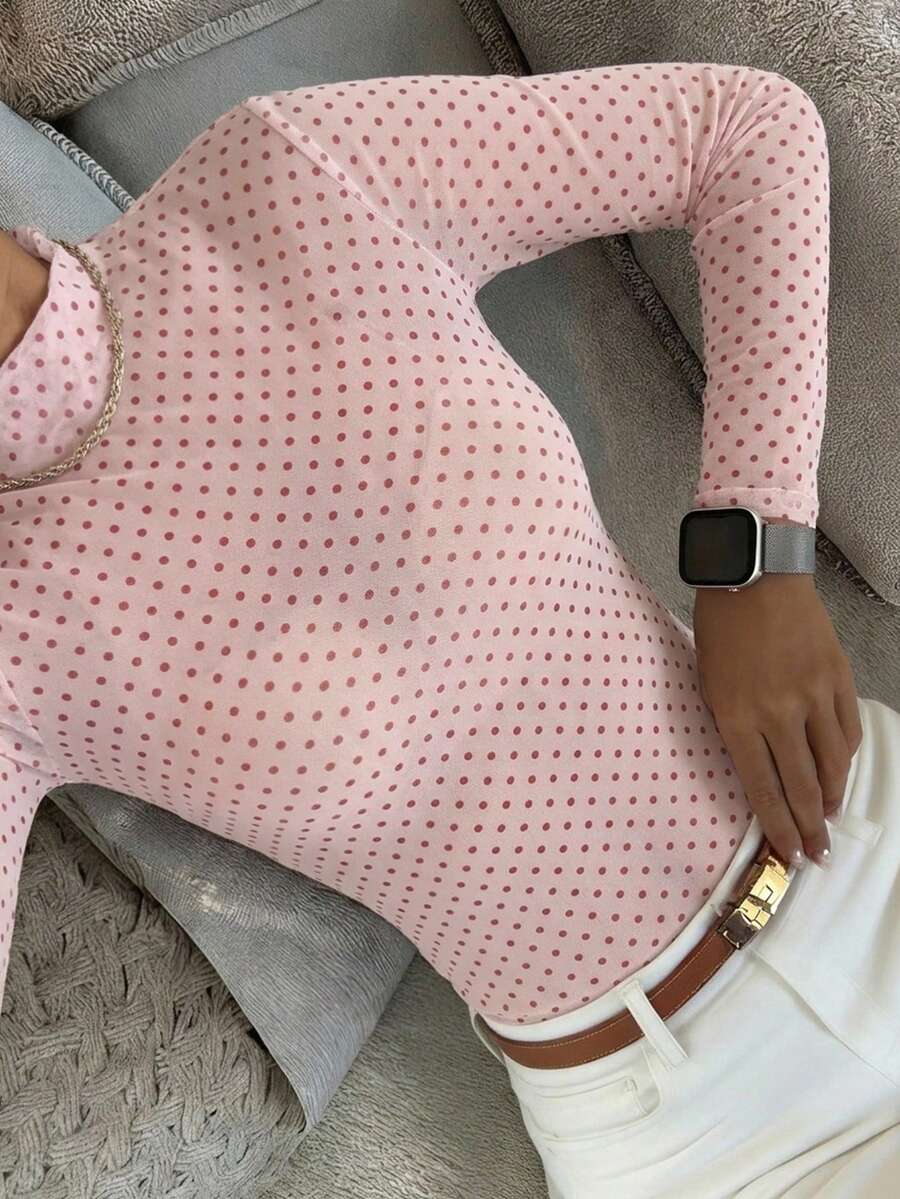 DAZY 波點印花修身高領長袖女款T恤 夏季 - 粉色 - 查看 1