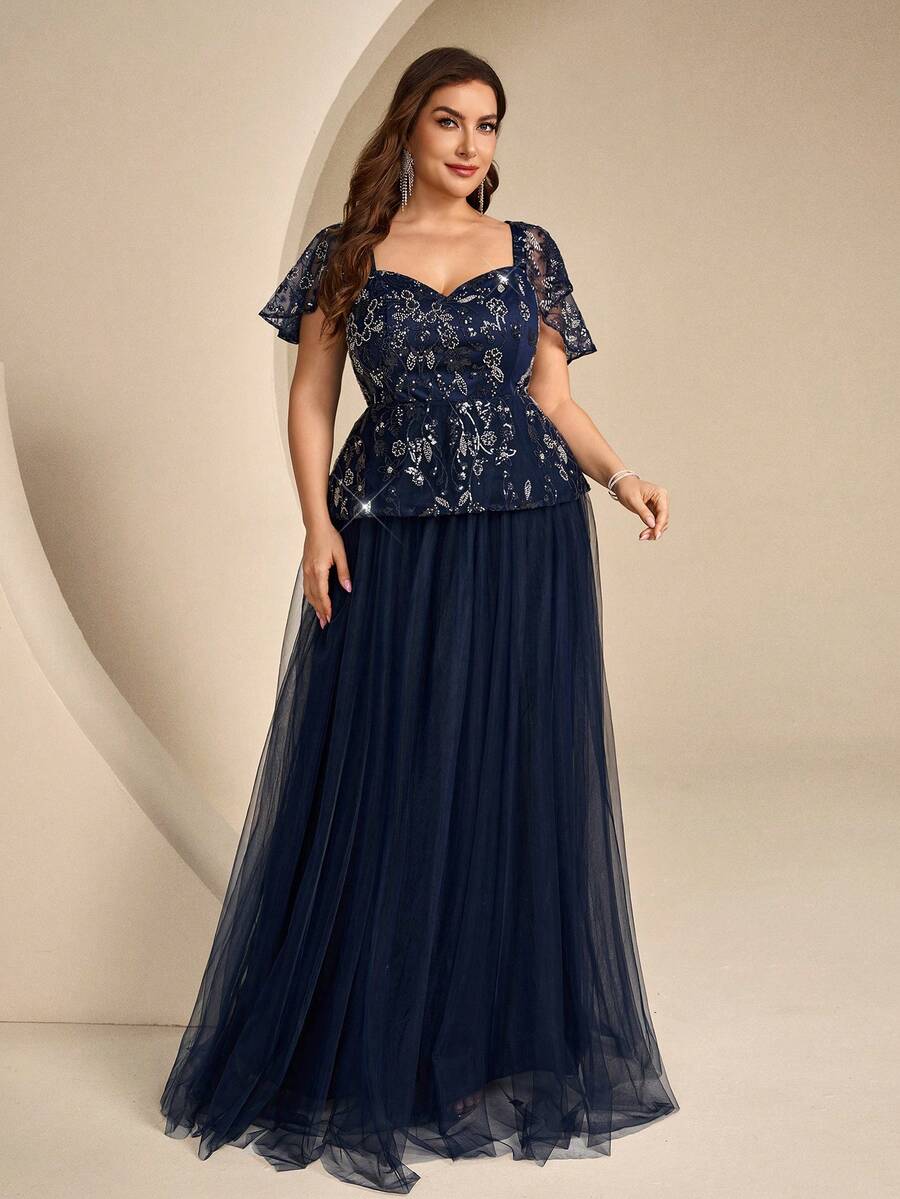 Coutiva Plus Size Sequin Patchwork Hemline Tulle Formal Evening Gown (Heavy Embellishment) - Navy Blue - View 1