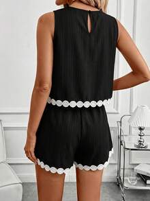 SHEIN Clasi 女款夏季休閒刺繡拼接背心上衣與短褲兩件套 - 黑色 - 查看 5