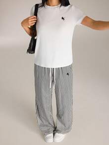 SHEIN PETITE 2pcs/Set Casual Pony Logo Printed Round Neck Short Sleeve Top And Striped Print Pants Striped Outfits White T-Shirt Striped Pants ,Petite Women - Multicolor - View 3