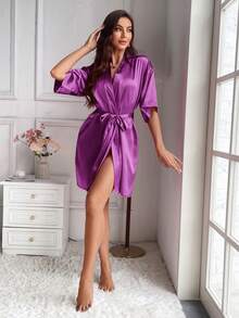 Moireta Women's Solid Color Waist Tie Casual Daily Home Sleepwear - Purple - View 4