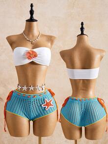 Bellisia Women's Colorblock Starfish Pattern Casual Tropical Vacation Swimsuit Cover-Up Shorts Set Beach White Turquoise Summer - Beige - View 1
