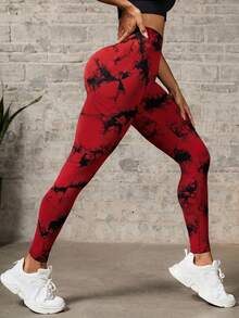 SHEIN Core Rhythm 女款高腰拼色休閒百搭日常穿著運動緊身內搭褲 - 紅色 - 查看 4