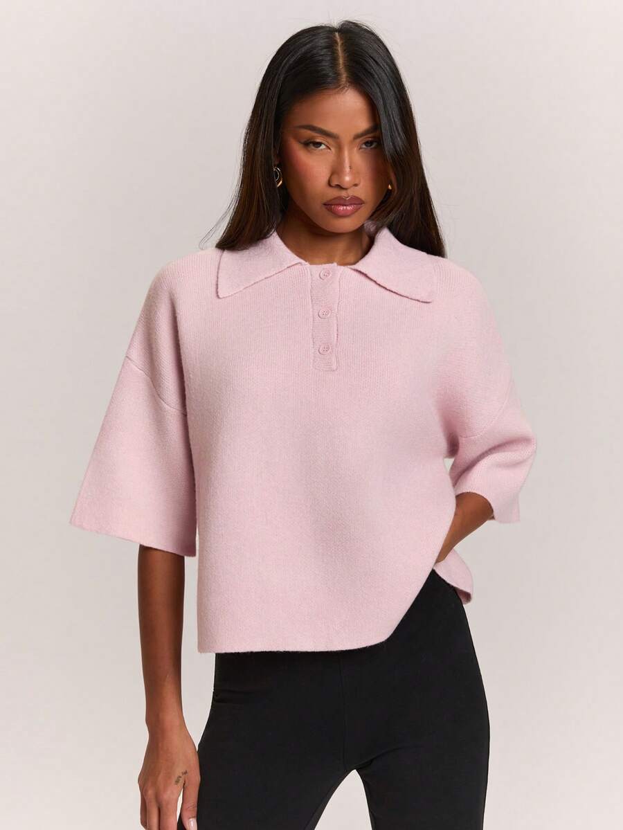 SHEIN BAE 女款純色休閒百搭日常針織上衣 - 粉色 - 查看 1