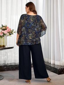 Reflora Plus Size Women's Round Neck Floral Print Top And Pants Casual Daily 2-Piece Set - Blue - View 3
