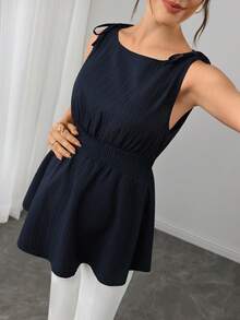 Momance Maternity Solid Color Shoulder Tie Waist Shirred Tank Top - Navy Blue - View 6