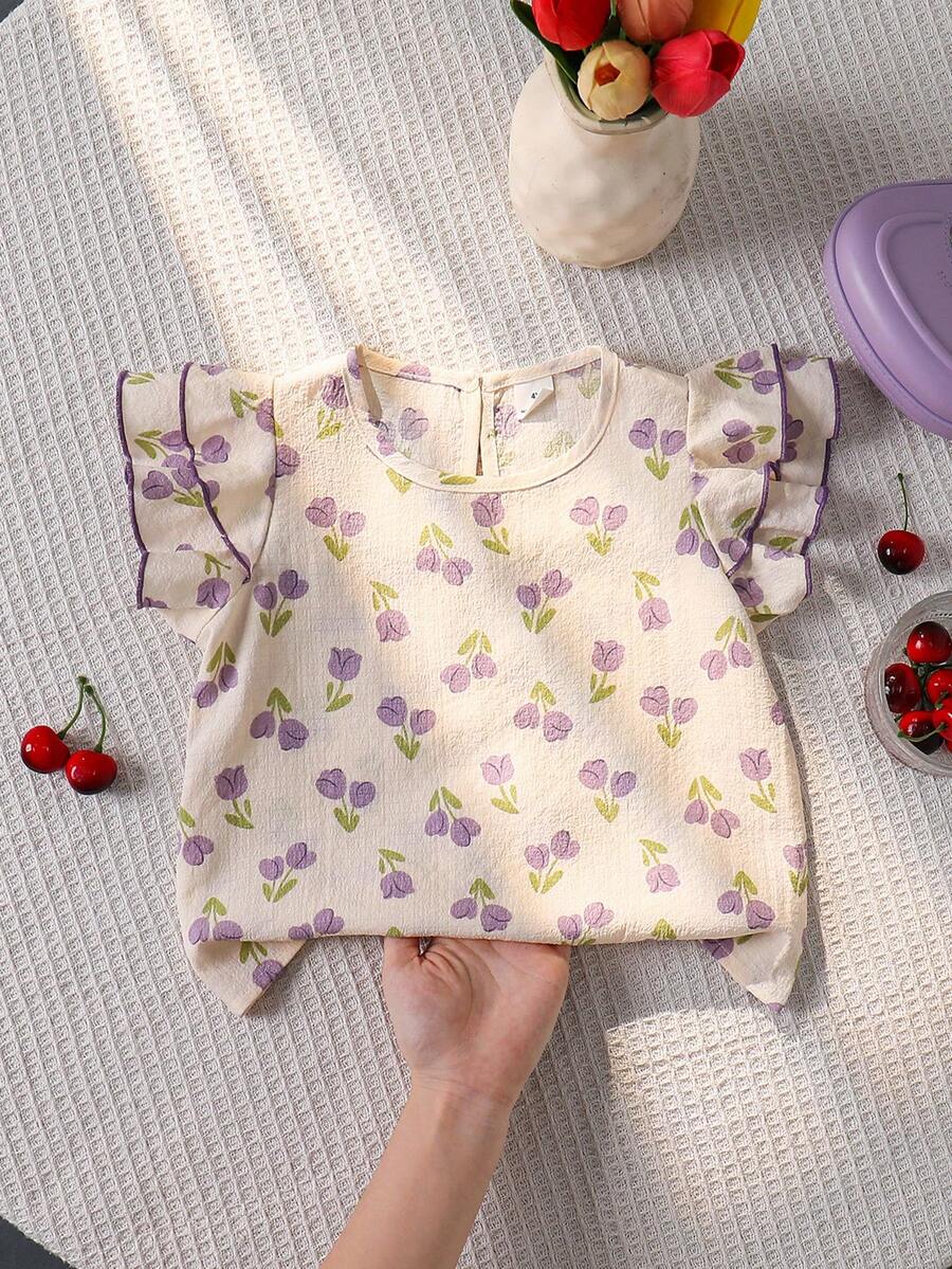 SHEIN 女童夏季休閒碎花荷葉袖上衣 - 淺灰紫 - 查看 1