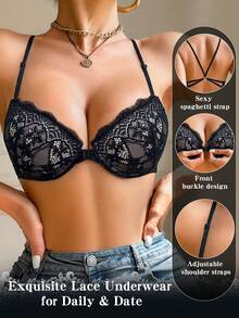 DesireSculpt Sexy Front Closure Push-Up Romantic Lace Backless Bra With Spaghetti Strap Deep V Underwire Women's Cup Single Piece - Black - View 7
