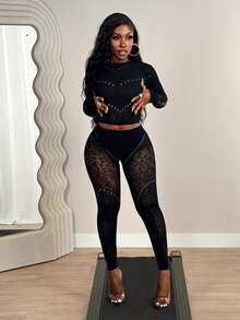 BamGleam Women's Hollow-Out Sheer Tight-Fitting 2 Pieces Set Night Out Black Summer - Black - View 4