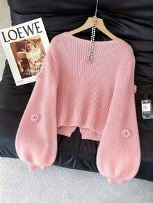 GlowEve CURVE Plus Size Elegant 3D Flower V-Neck Tie Bow Flared Long Sleeve Cardigan - Pink - View 2