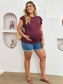 Plussiva Plus Size Maternity Solid Color Casual Versatile Everyday Top Maternity Photoshoot Summer - Burgundy - View 5