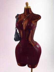 Amplova Vintage Wild Burgundy Schlangenhaut Sexy Jumpsuit & Tieftaille Rock 2 Stücke Set - Bordeaux - Übersicht 4
