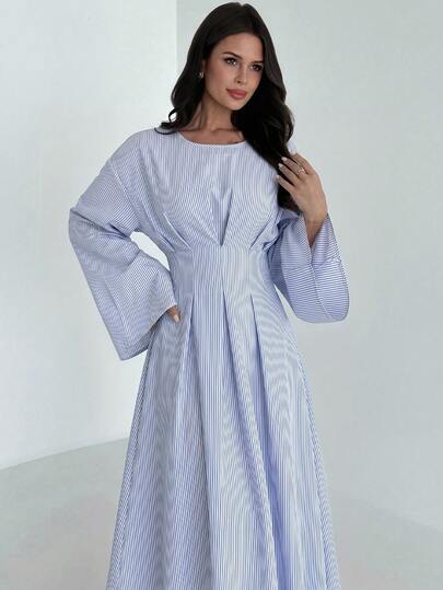 Firerie Women's Autumn/Winter Elegant Minimalist Exquisite Daily Fashion Commute Back To School Teacher Outfit Cinched Waist Pleated Flare Long Sleeve Cream Yellow Long Dress