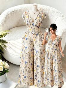 Elenzga Plus Size Boho Random Floral Print Long Jumpsuit With V Neck And Wide Leg Woven Fabric Multicolor Cap Batwing Sleeve Shirred Details - Multicolor - View 1